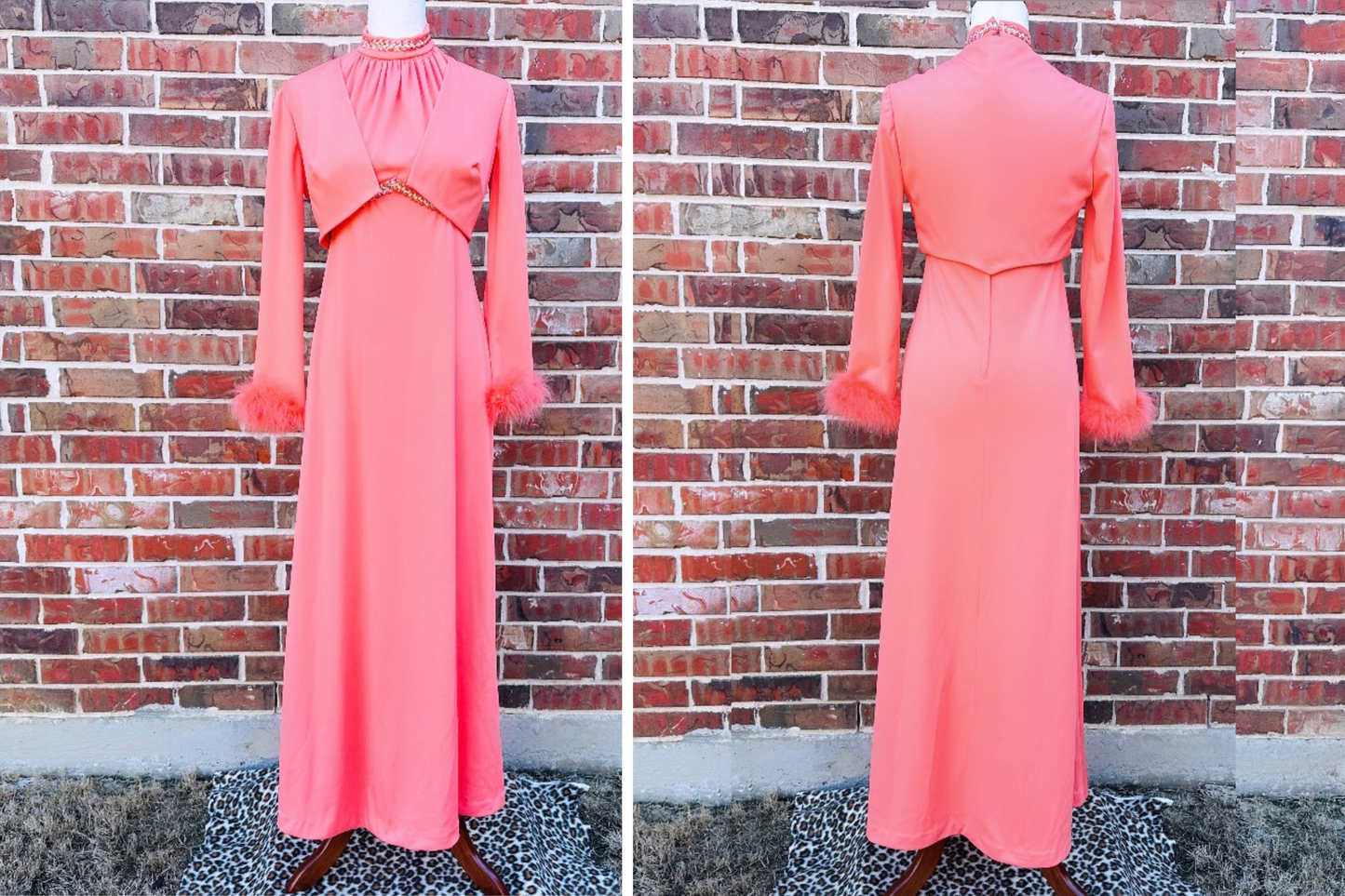 Vintage 1960s Peach Maxi Dress with Matching Shrug Faux Feather Sleeve Trim, Vintage Glam Evening Style, 60s Pink Handmade Gown Size Small