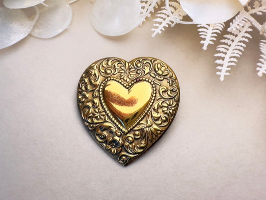 Gold Heart Brooch, Valentine's Day Fashion, Bronze Vintage Pin, Antique Gold Heart Pin with Scroll Border, Victorian Revival Gifts for Her