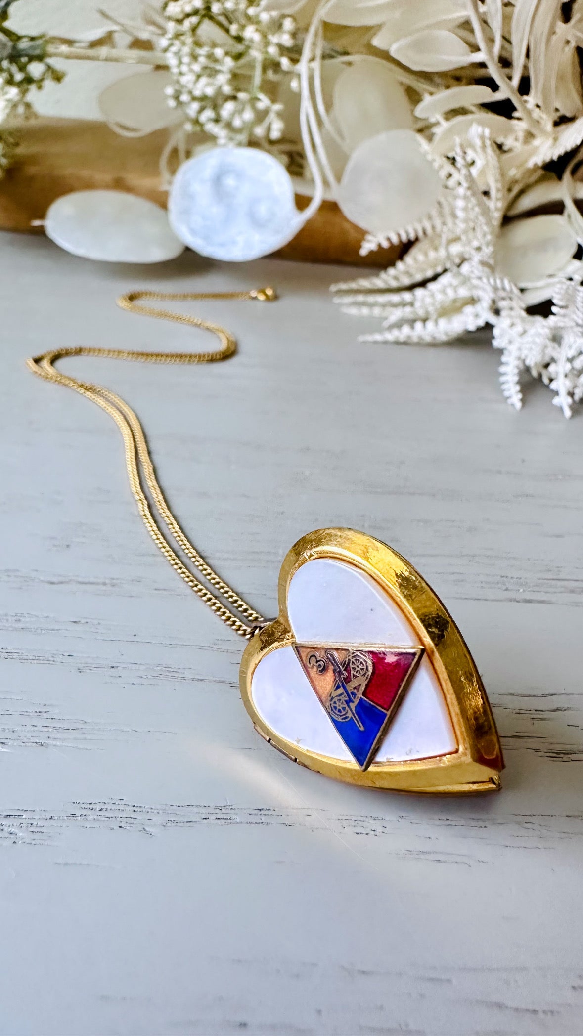 Vintage 18” Locket Necklace, Gold Toned Heart Locket With Mother of Pearl Enameled US Military Triangle And MOP