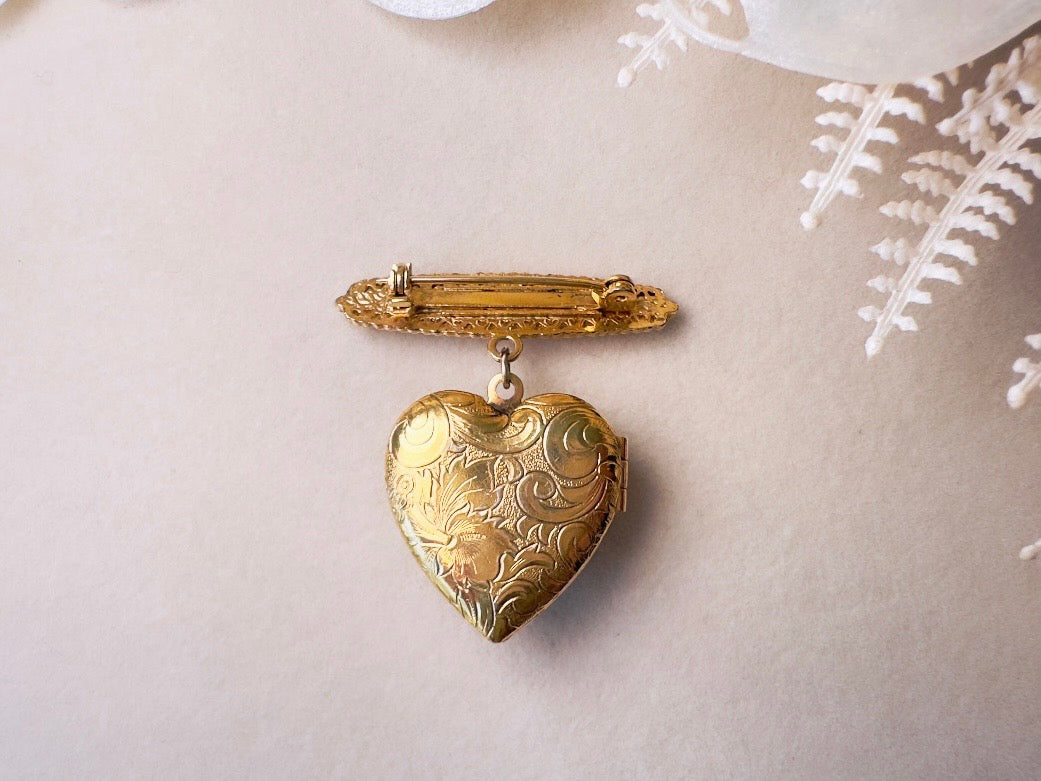 Vintage Heart Locket Brooch, Victorian Pearl Bar Pin Romantic Regency Era Embossed Gold Heart Pin with Black Heart and Pink Ceramic Rose