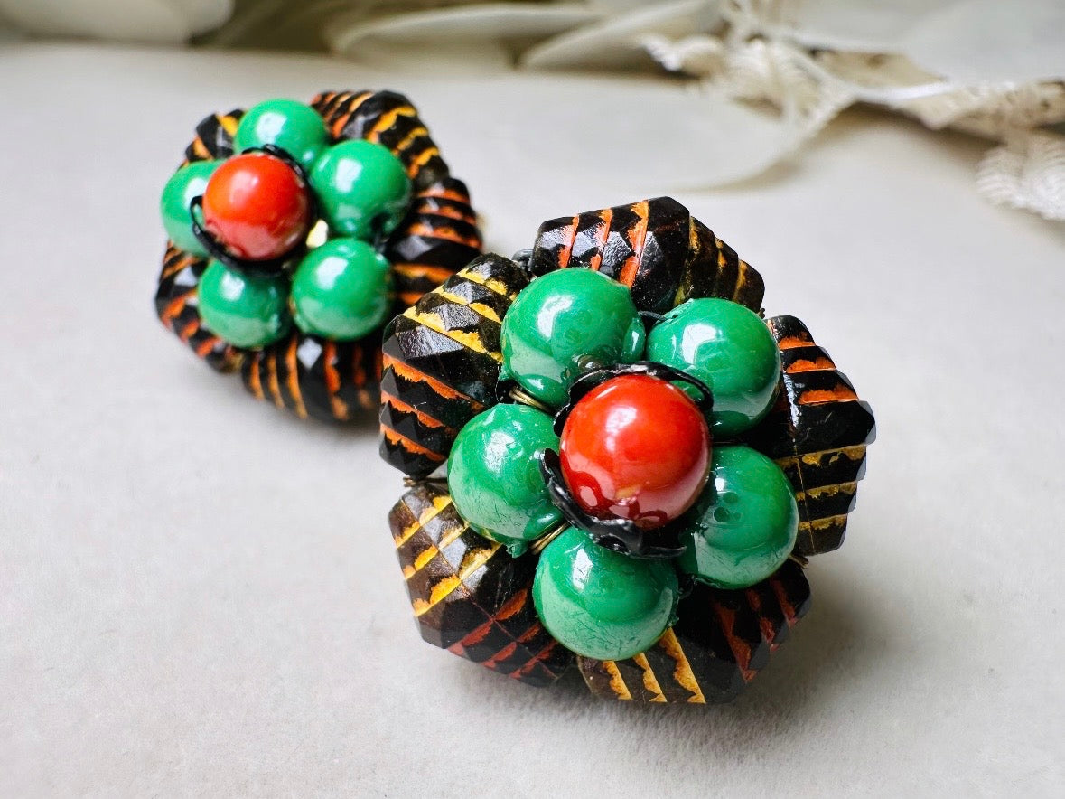 60s Beaded Clip On Earrings, Unique Vintage Retro Earrings in Red and Green, Made in Hong Kong