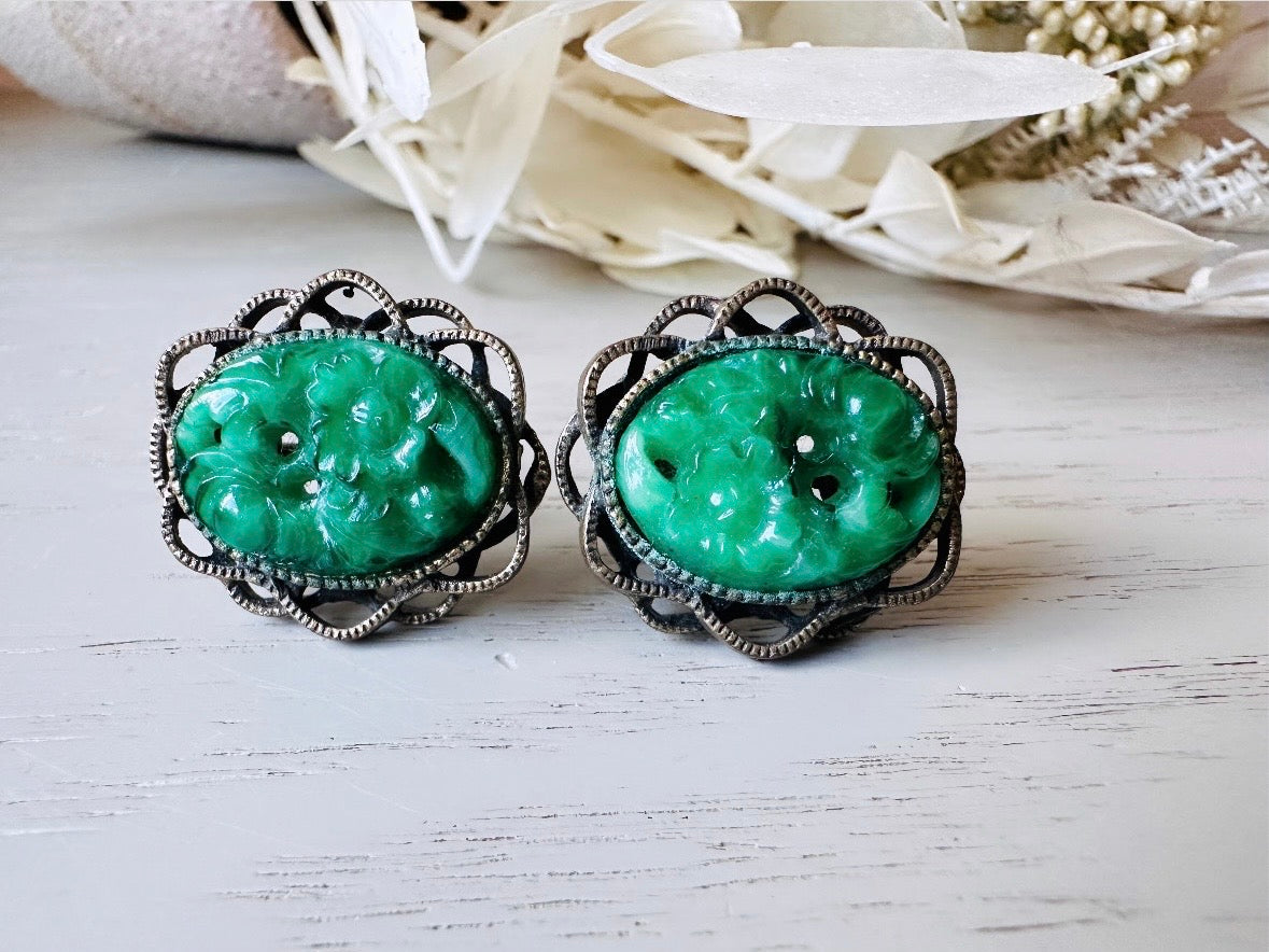 Green Vintage Earrings, Faux Carved Jade 1960s Clip On Earrings, Green Cabochon Earrings in Antique Bronze Filigree Cameo Earrings