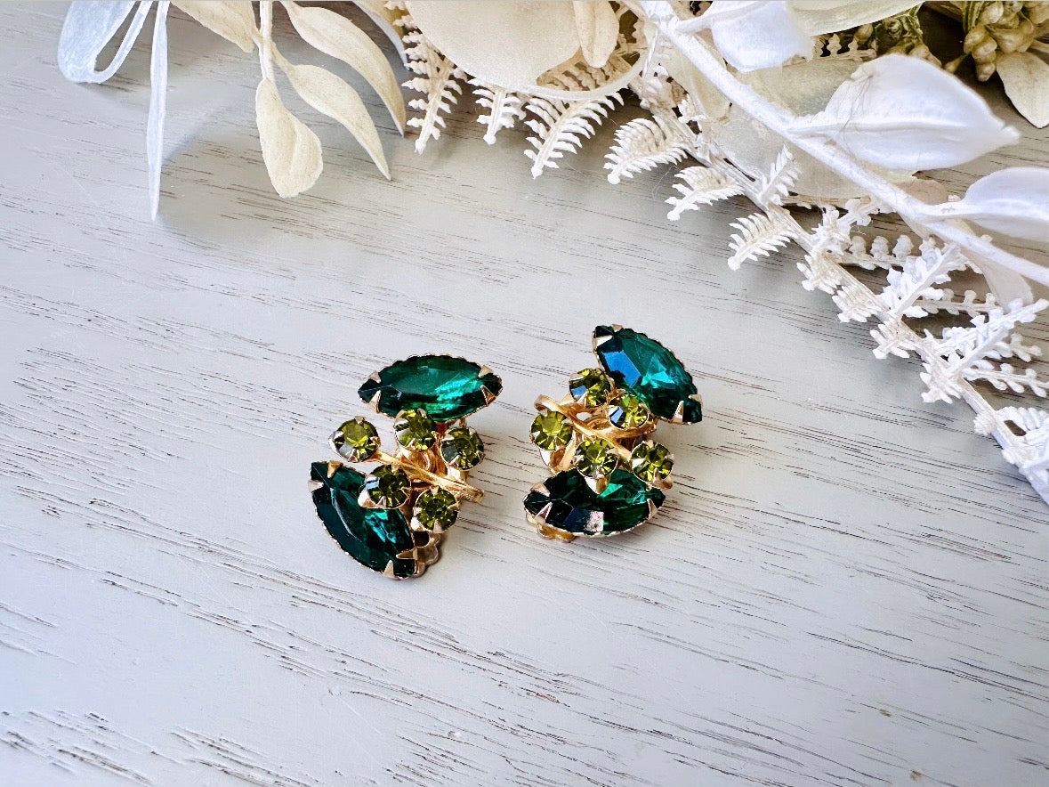 Emerald and Olive Vintage Rhinestone Earrings, Vintage 1960's Emerald Crystal Clip On Earrings, Unique Shape Marquis Navette Glam Jewelry