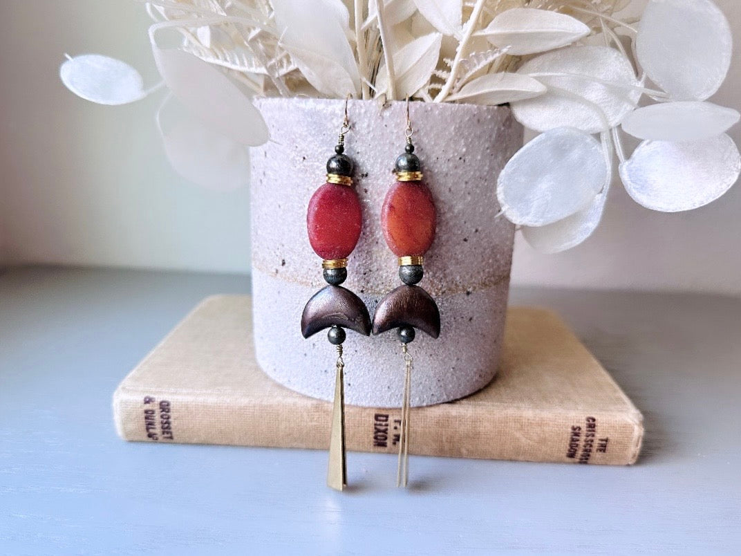 Handmade Stone Earrings, Extra Long Earthy Boho Duster Earrings, Unique Red Stone & Pyrite Orbs with Moon and Brass Dagger Charms