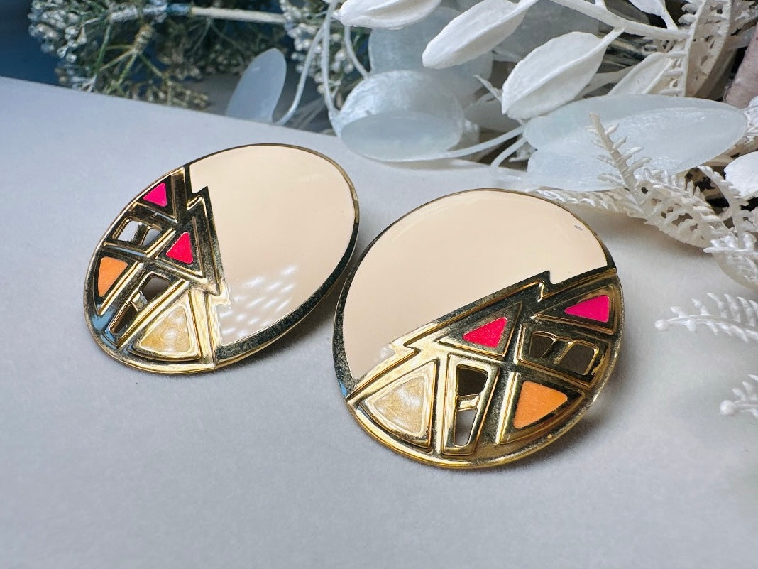 Big Vintage Earrings, 1980s Cream Pink Yellow Gold Oversized Oval Triangle Geometric Berebi 80s Designer Enamel Lace Cut Out Earrings