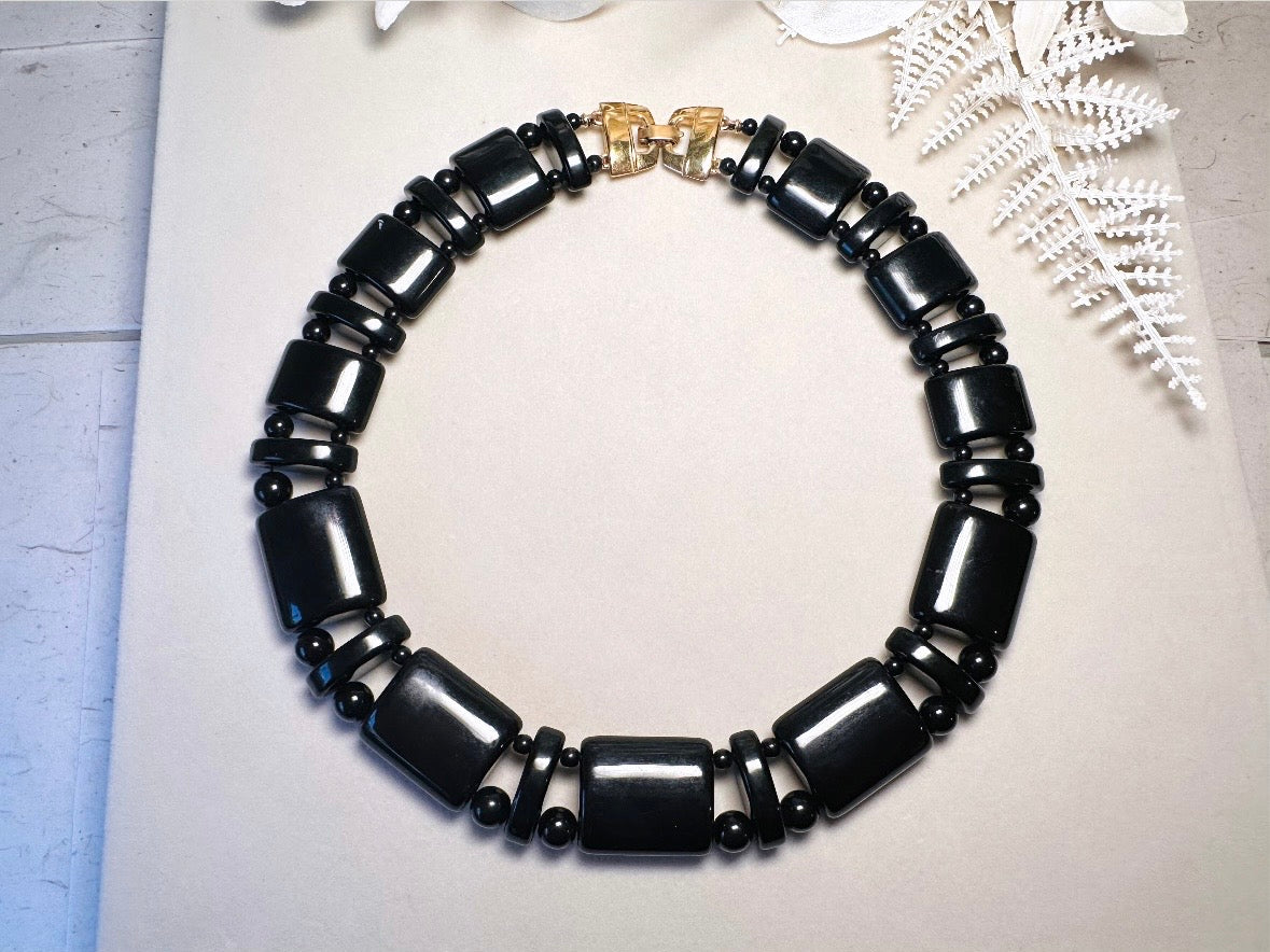 Vintage Black Monet Necklace, Runway Couture Jet Black Lucite Beaded Necklace w Stunning Gold Clasp, Rare Signed Designer Vintage Necklace