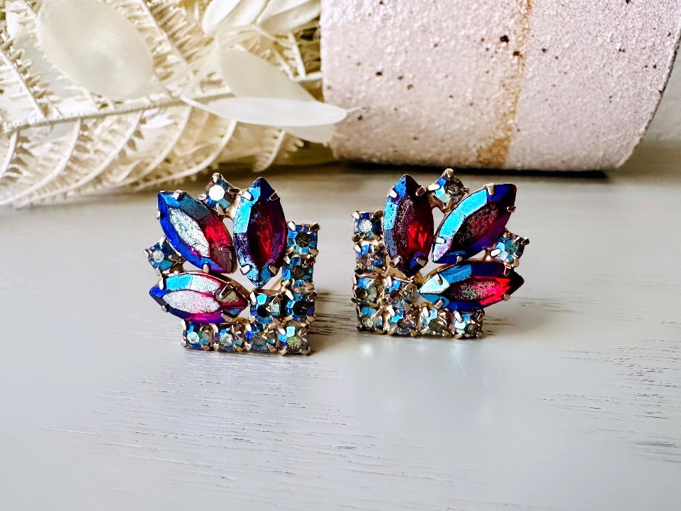 1960's Red Marquise Earrings with Blue Aurora Borealis Finish, Exquisite Vintage Rhinestone Earrings, Art Deco Gold Tone Clip On Earrings