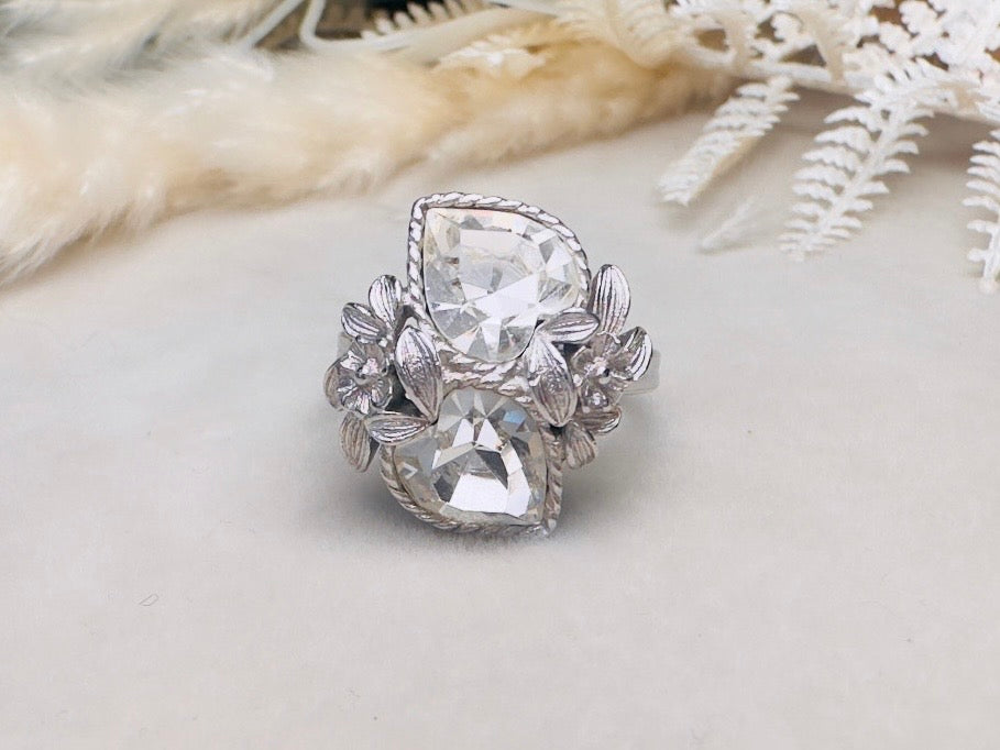 Vintage Heart Ring, 1970s Double Heart Love Story Ring, Diamond April Birthstone Cocktail Ring, Silver Rhinestone Heart Vintage Ring