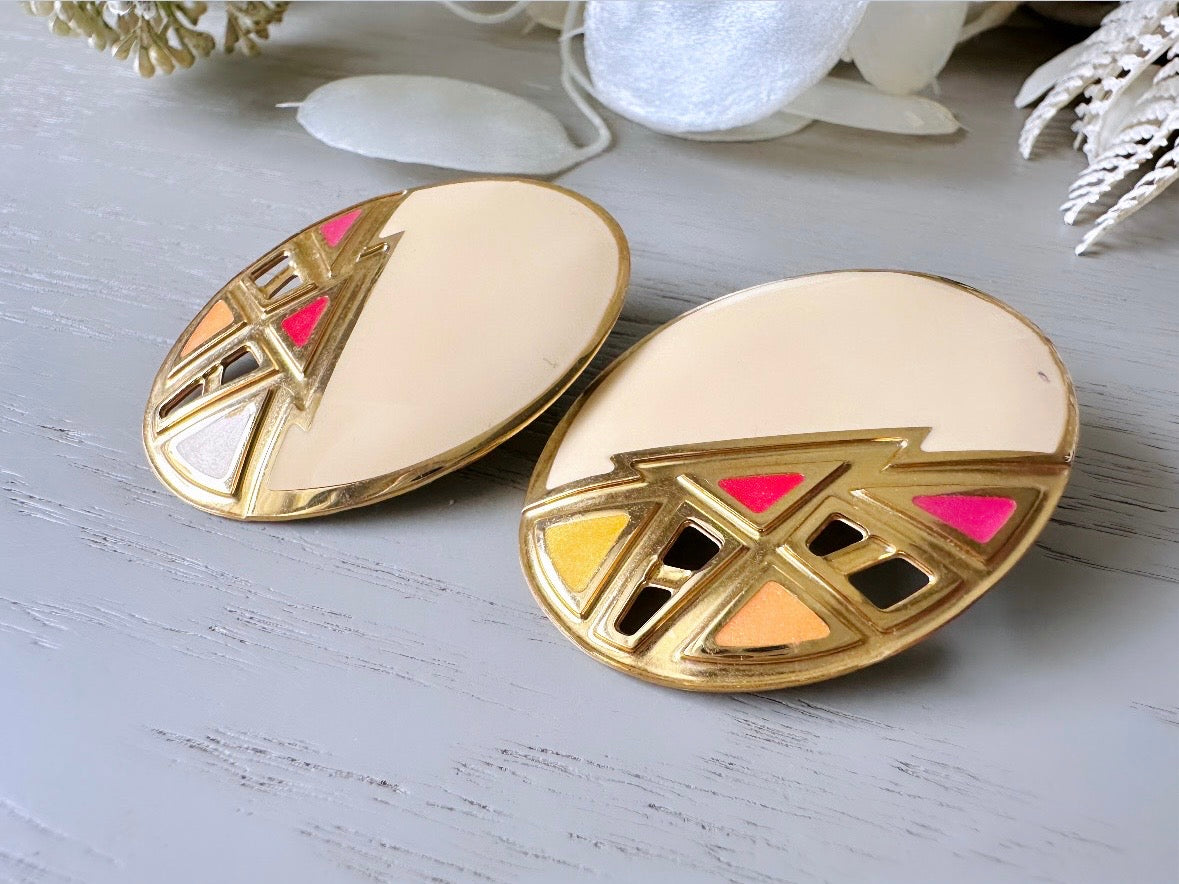 Big Vintage Earrings, 1980s Cream Pink Yellow Gold Oversized Oval Triangle Geometric Berebi 80s Designer Enamel Lace Cut Out Earrings