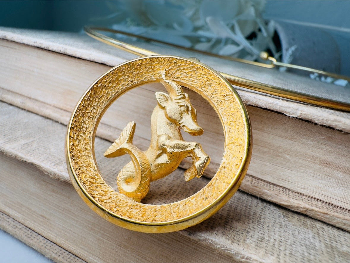 Capricorn Zodiac Necklace, Rare Signed Crown Trifari Designer Matte Gold Hoop Choker Astrology Necklace