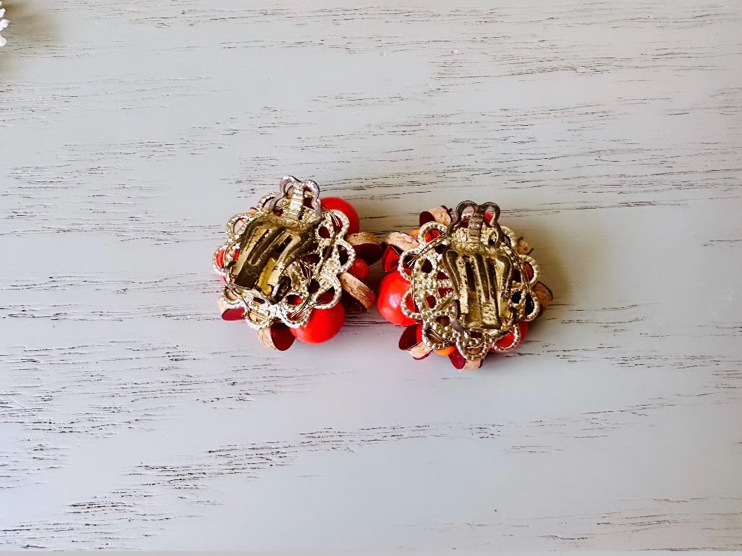 Vibrant 1960s Earrings, Red + Orange Vintage Beaded Clip On Earrings, Japanese Earrings w Wood Discs and Rhinestones, Authentic 60s Earrings