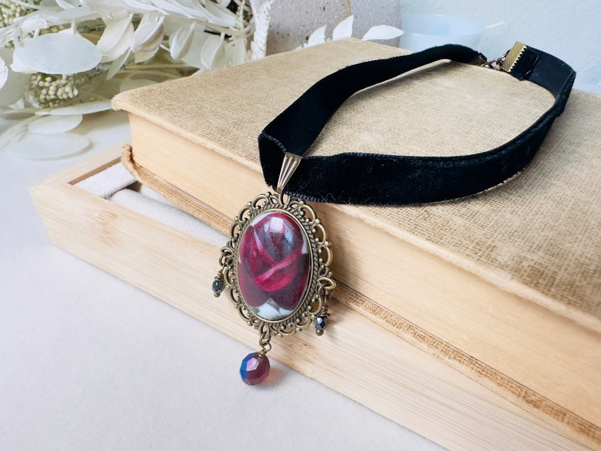 Victorian Choker with Burgundy Rose Vintage Cameo and Black Velvet Ribbon, Handmade Gothic Choker with Flower Pendant and Crystals