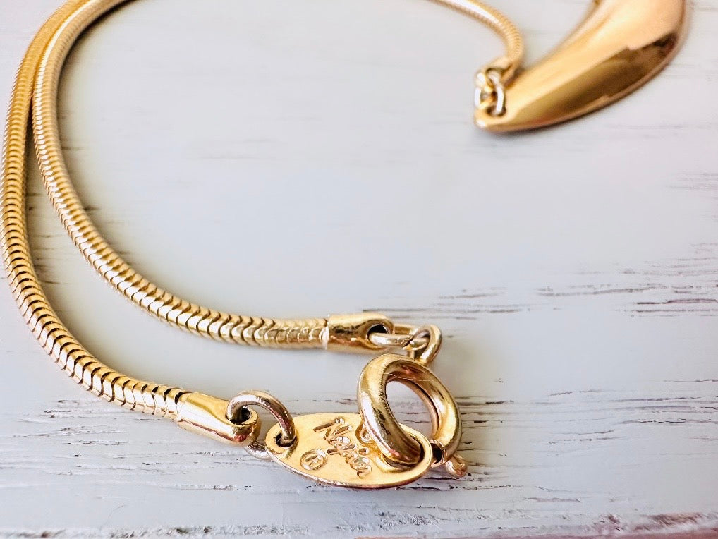 Gold Vintage Napier Choker Necklace, Sleek Gold Collar Necklace, 80's Bold Gold Geometric Crescent Bar Necklace, Signed Designer Vintage
