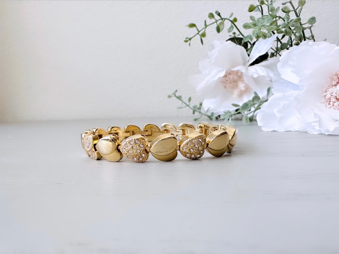 Gold Heart Bracelet, Pave Set Tiny Rhinestone Heart Bracelet, Cute Vintage Bracelet, Gifts for Her, Gold Heart Jewelry