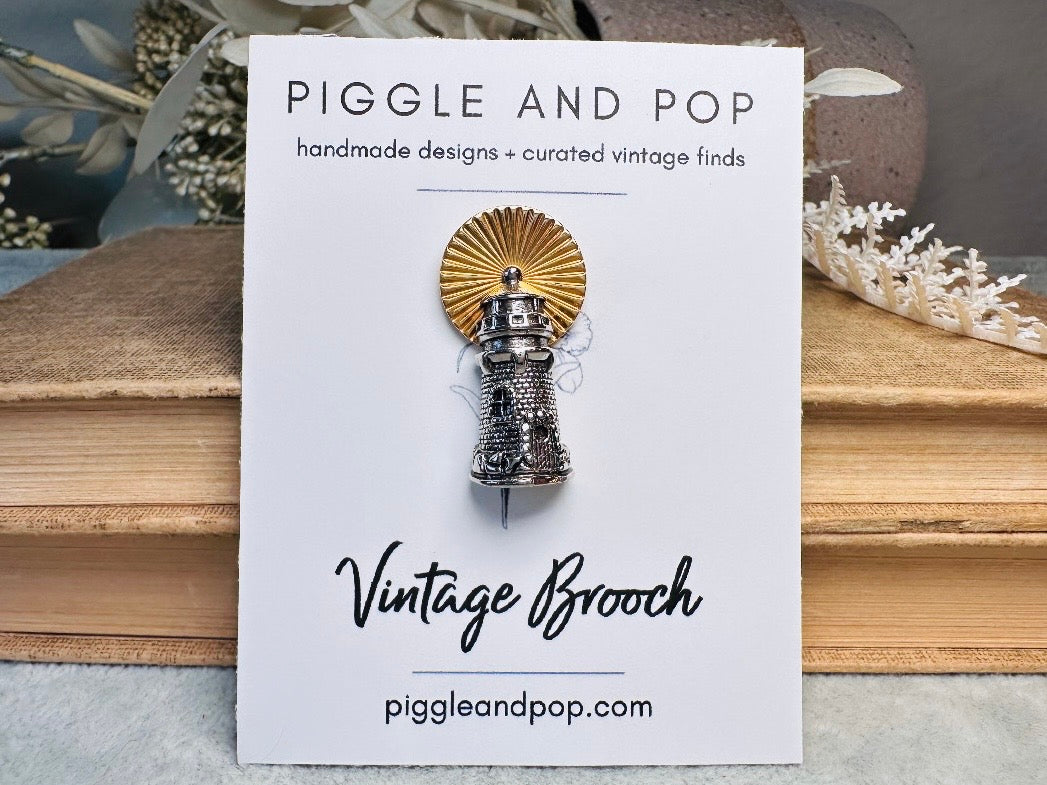 Vintage Lighthouse Pin, Silver and Gold Tie Tack Lapel Pin, Detailed Golden Beacon Nautical Birthday, Mariner Groom Accessories