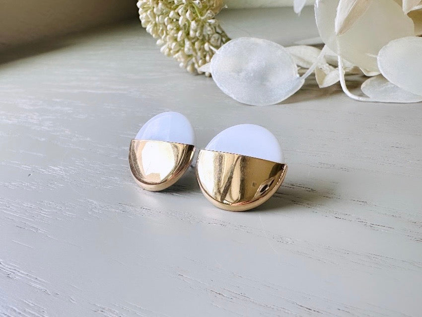 White & Gold Earrings, Vintage 1980's Stud Earrings, Round Acrylic Posts with Gold Half Moon Overlay, Interesting Pierced Post Gold Earrings