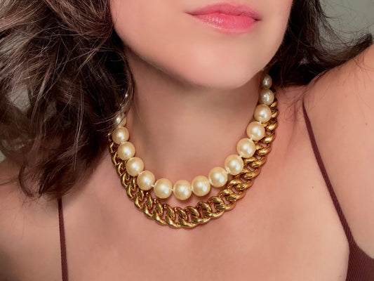 Vintage Carolee Necklace, Double Strand Pearl and Gold Chain Necklace with Intricate Scroll Detail and Hook Closure, Etruscan Pearl Necklace
