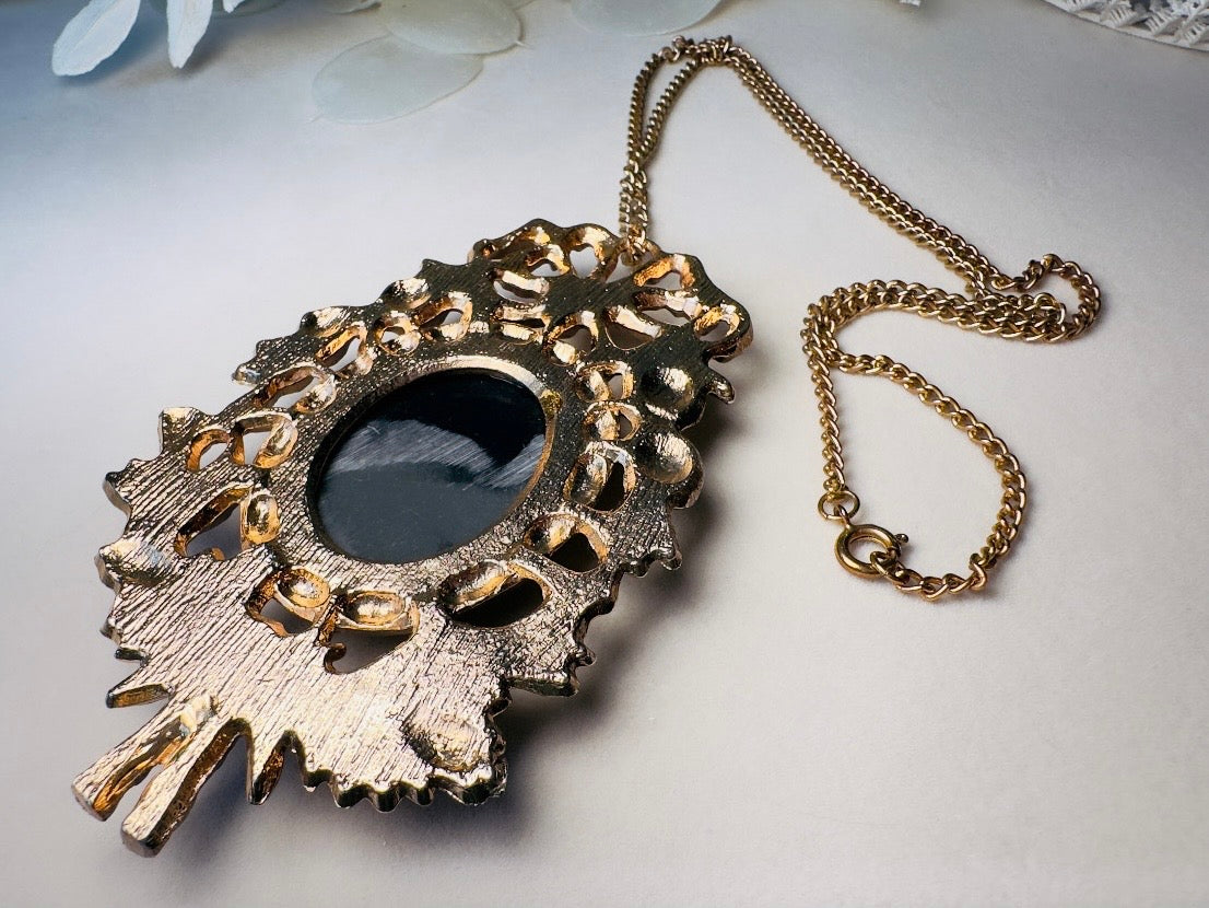 Victorian Cameo Necklace, Vintage Oversized Antique Gold Pendant Necklace with Black and Cream Cameo