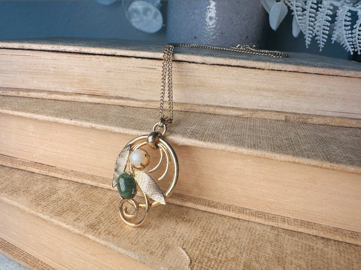 Vintage 1975 Necklace, Green Jade and Pearl Pendant Necklace, Vintage Sarah Coventry Prong Set Double Stone Necklace, Ornate Gold Leaves