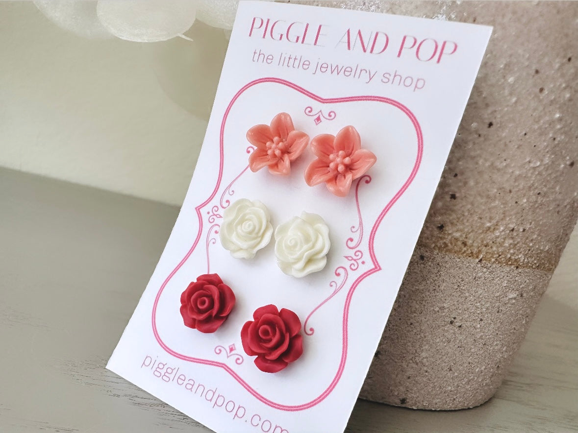 Valentine Flower Earring Set, Pink Stud Earrings, Pretty Flower Post Earrings in Rose Pink, White and Deep Burgundy Red, Earring Gift Set