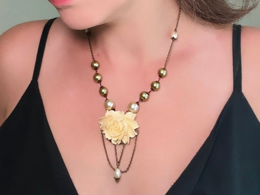 Bridgerton Inspired Necklace, One of a Kind Handmade Cream Rose Cameo Necklace with Draped Chain and Wire Wrapped Pearls Elegant Regency Era