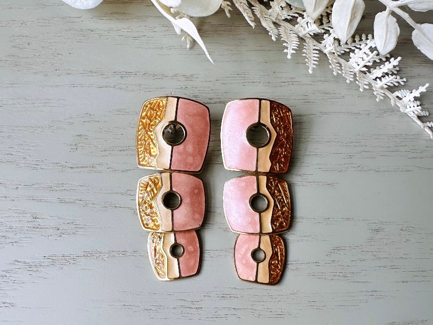 Pink and Gold Berebi Earrings, 1980s Funky Dramatic Vintage Designer Earrings, Pierced Enamel Statement Earrings, Cut Out Dangle Earrings