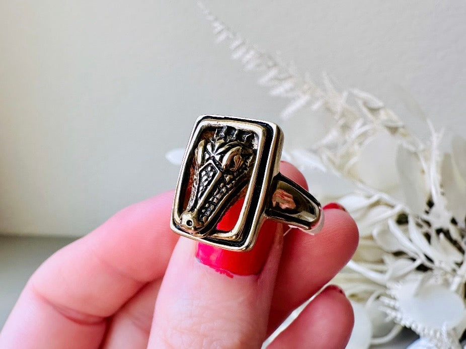 Vintage Alligator Ring, Large 14kt Gold Plated Ring, Rectangle Frame Dimensional Alligator Head Cocktail Ring, Fiercely Fab Costume Jewelry