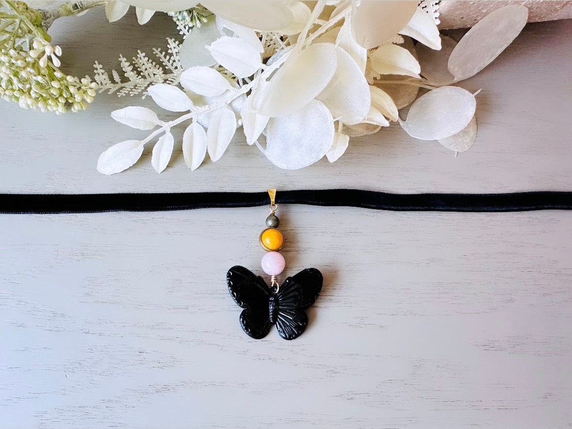 Gemstone Butterfly Choker, Whimsical Handmade Black Velvet Choker Necklace, Whimsigoth Rose Quartz Yellow Jade & Pyrite Orbs Black Butterfly