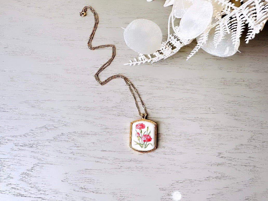Vintage Flower Pendant Necklace, Pink Carnation January Birthday Avon Necklace, 1980 Floral Heritage Porcelain & Dainty Gold Chain