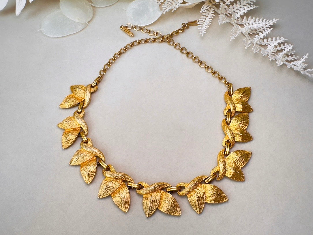 Gold Leaf Necklace, 1960s Vintage Golden Leaves Choker by Tara 5th Ave, Nature Inspired Textured Floral Choker with Adjustable Closure