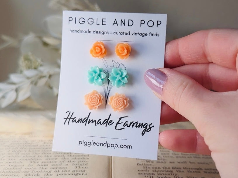 Flower Stud Earrings Set, Mint and Peach Post Earring Gift Set, Hypoallergenic Handmade Small Stud Earring