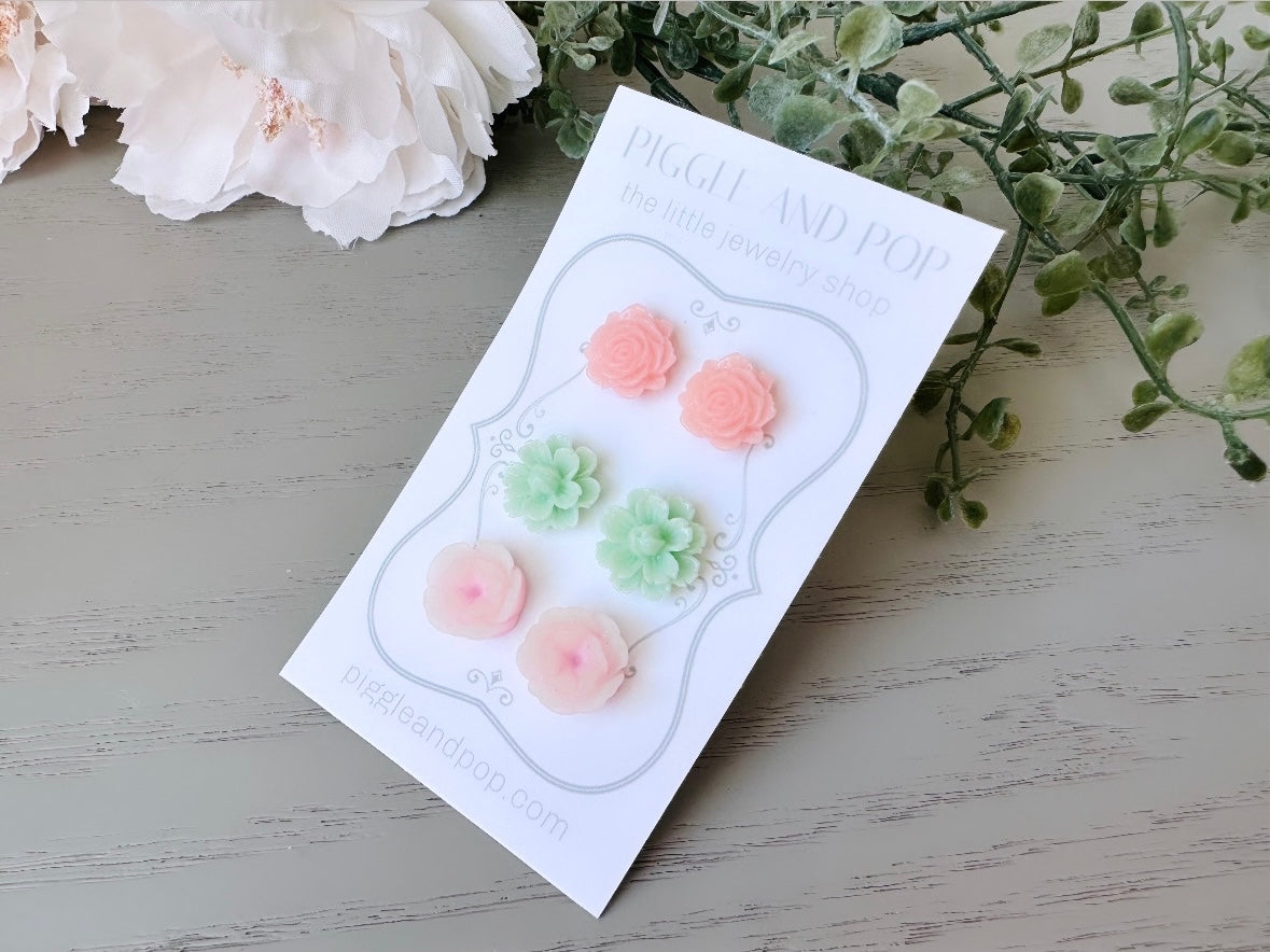 Flower Earrings Gift Set, Pink and Mint Spring Floral Earring Stud Set, Surgical Steel Earring, Mint Daisy Earring, Pink Rose Stud Earrings