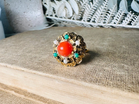 Vintage Orange Bullet Cabochon Ring with Green and Pearl Cabochons, Gold Tone Adjustable Etruscan Revival Ring
