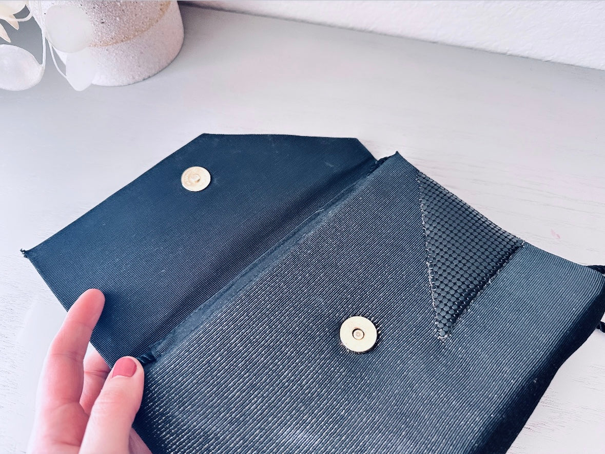 Black Vintage Clutch, Incredible 1980s Vintage Whiting and Davis Handbag with Black Mesh Triangle Detailing, Vintage Shoulder Bag with Gold