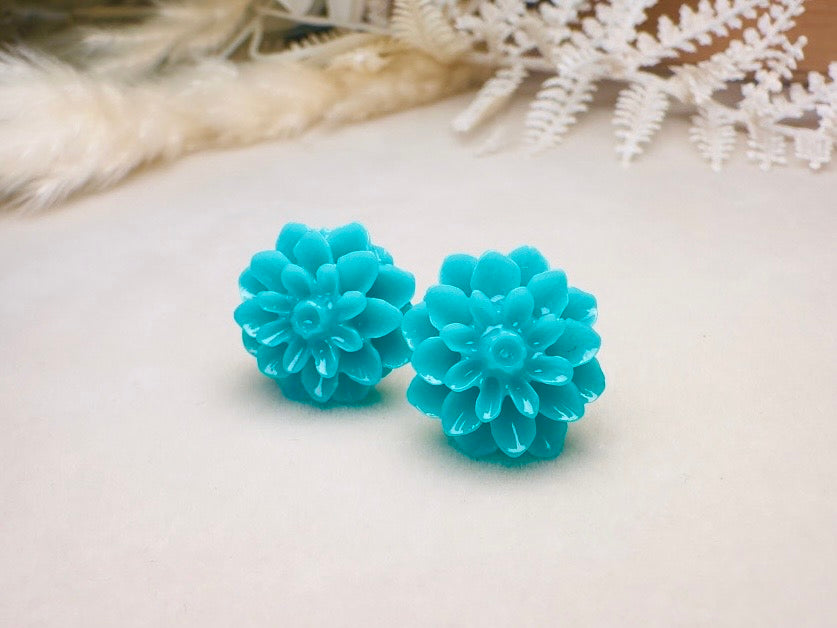 Turquoise Flower Earrings, Teal Chrysanthemum Post Earrings