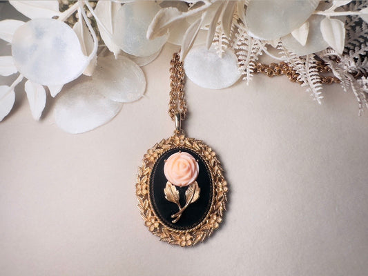 Mirrored Rose Pendant Necklace, Vintage 1973 Floral Pendant Necklace, Romantic Regency Era Flower Cameo Necklace