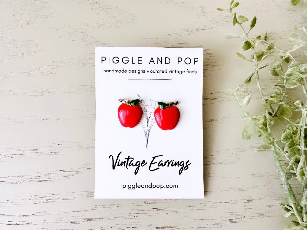 Red Apple Earrings, Vintage Apple Pierced Earrings, Small Enamel 1980's Earrings, Silver and Red Apple Stud Earring, Cute Teacher Gifts