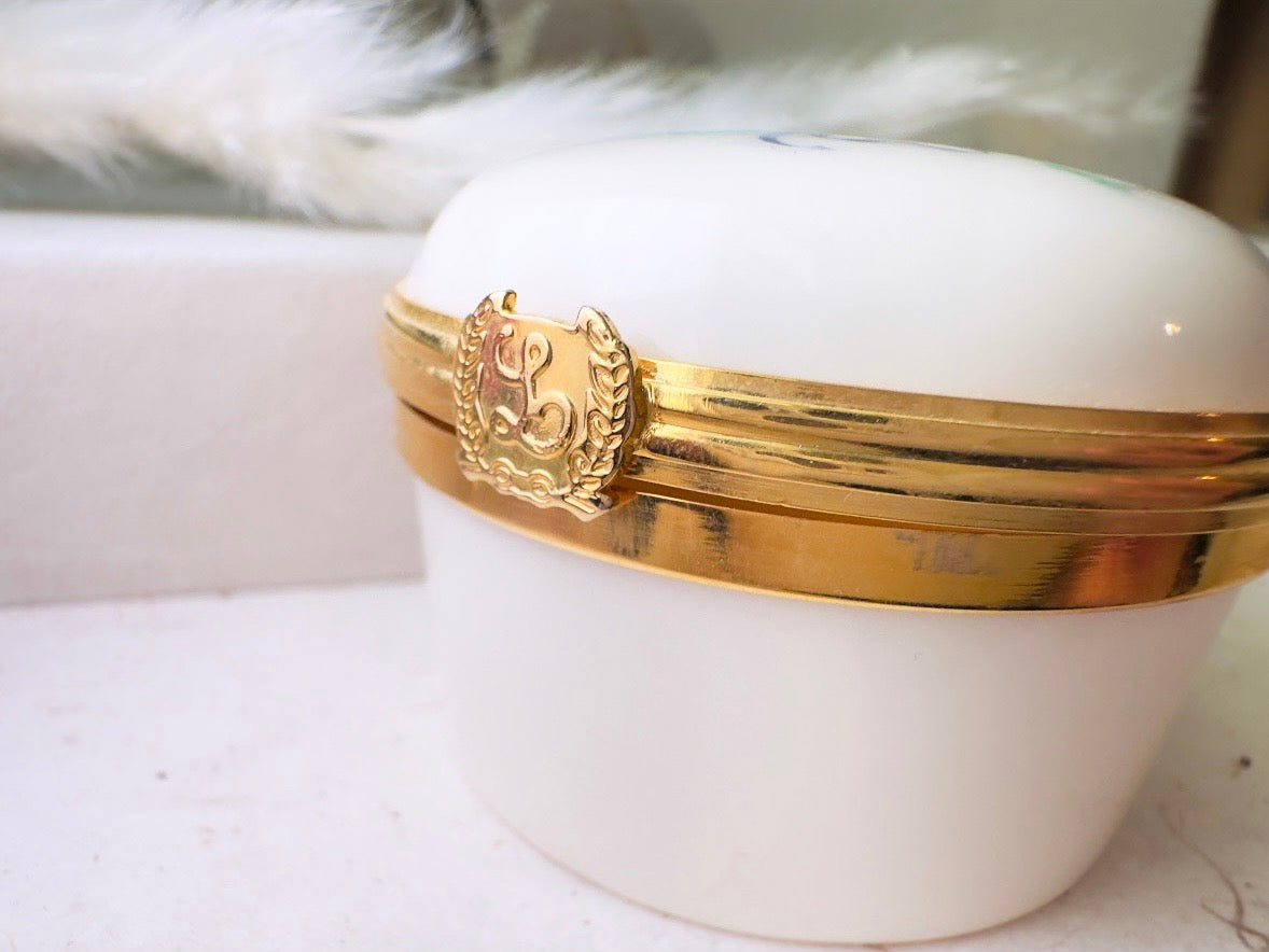 Vintage Lenox Trinket Box, Floral Porcelain Miniature Jewelry Box, Retired Cream Ceramic with Gold Accents, Pink Flowers, Blue Ribbon
