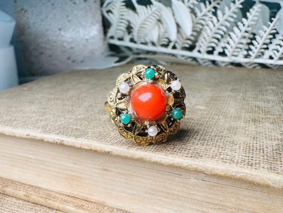 Vintage Orange Bullet Cabochon Ring with Green and Pearl Cabochons, Gold Tone Adjustable Etruscan Revival Ring