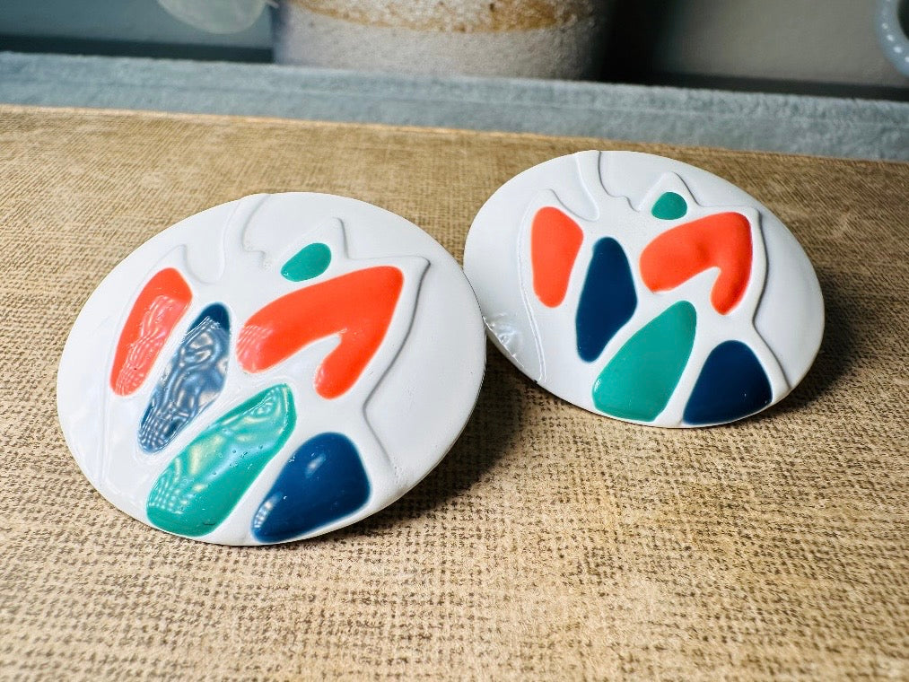 Teal Orange Blue and White Oversized Geometric Enamel Earrings, Fun 1980's Vintage Earrings, Colorful Interesting Retro Painted Earrings