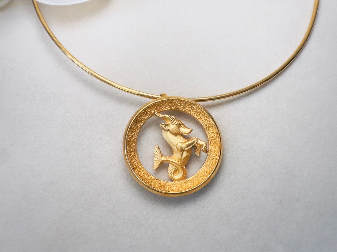 Capricorn Zodiac Necklace, Rare Signed Crown Trifari Designer Matte Gold Hoop Choker Astrology Necklace