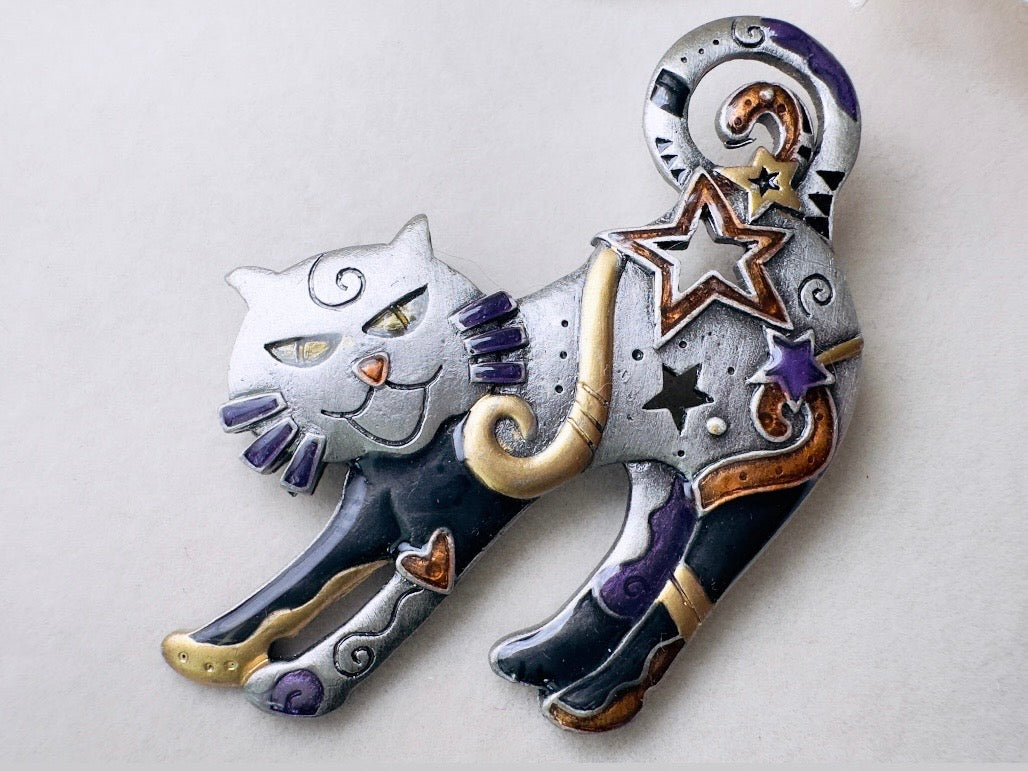 Vintage Cat Brooch, Celestial Pewter Brooch with Enamel Star Accents