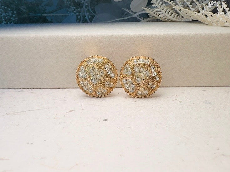 Vintage Crystal Button Clip on Earrings, Designer Signed Kramer Art Deco Earrings, Pave Set Rhinestone Gold Earrings