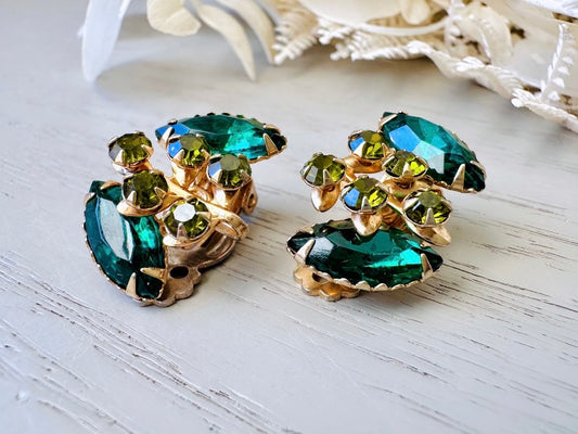 Emerald and Olive Vintage Rhinestone Earrings, Vintage 1960's Emerald Crystal Clip On Earrings, Unique Shape Marquis Navette Glam Jewelry