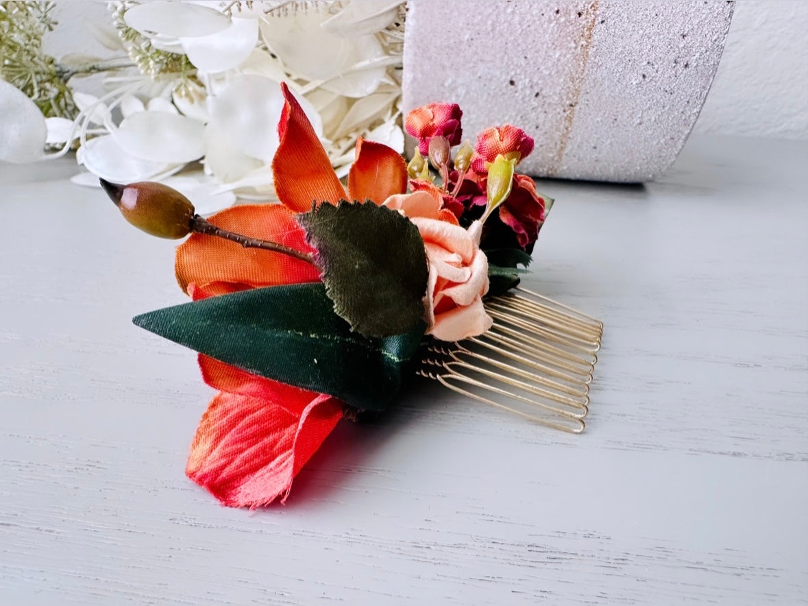 Burnt Orange Flower Hair Comb, Autumn Hair Comb, Fall Wedding Hair, One of a Kind Handmade Hair Comb, Rustic Bridal Hair Accessories