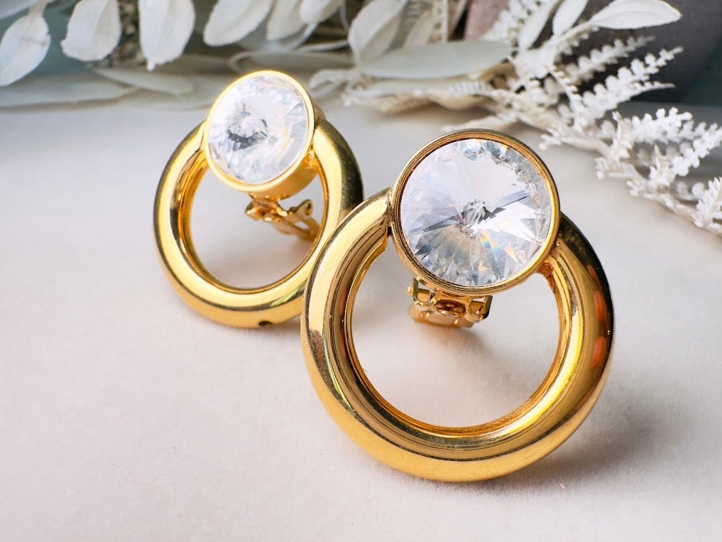 Bold 80s Door Knocker Earrings, Vintage Gold Hoop Earrings with Diamond Rhinestone Clip Earrings, Elegant 1980s Retro Fashion Earrings