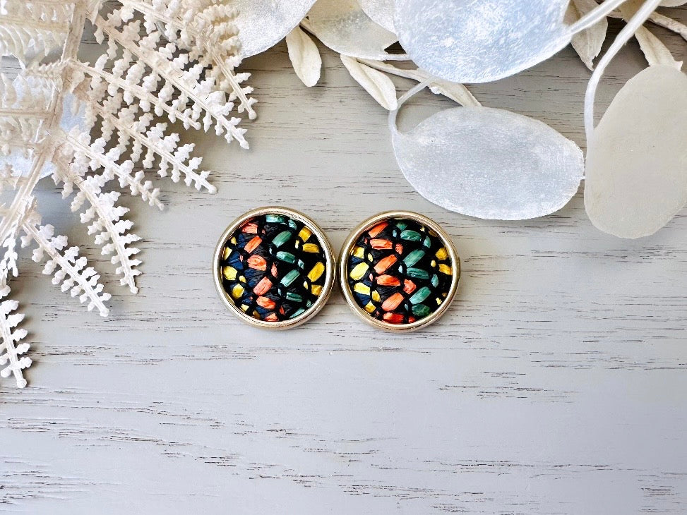 1960s Vintage Earrings, Unique Basket Weave Textile Button Studs, Black Orange Teal Yellow Gold Frame Clip On Earrings Sarah Coventry 1964