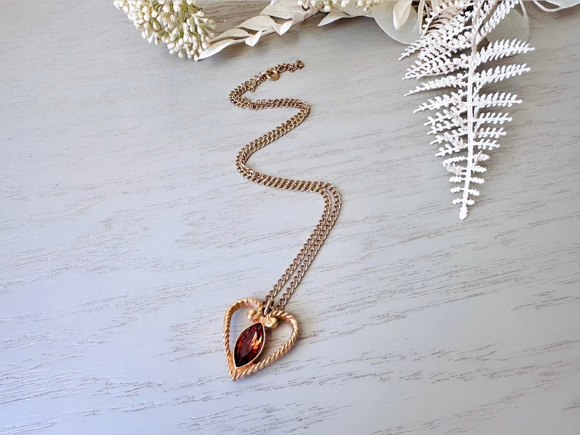 Vintage Avon Heart Necklace, Gold Heart Charm Necklace with Topaz Rhinestone, Gold Heart Pendant Necklace, VTG Chain Necklace