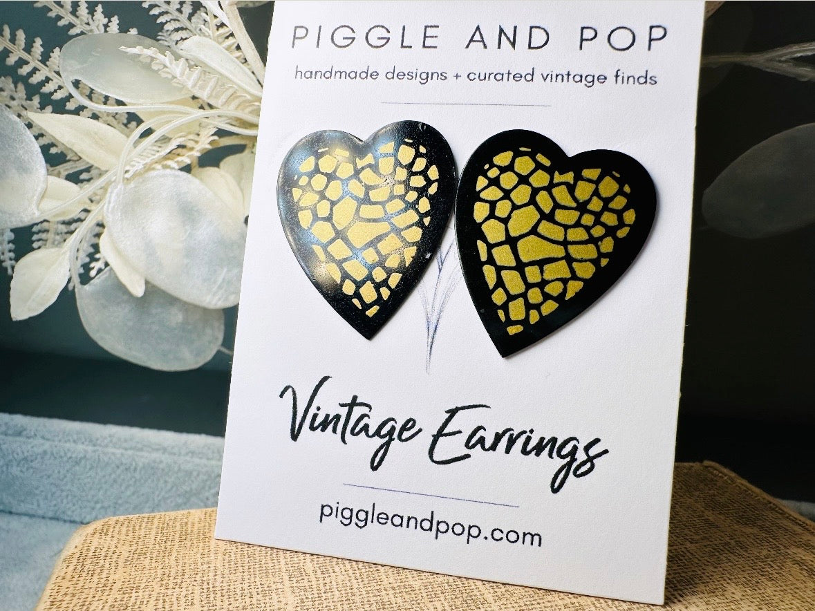 Mosaic Heart Earrings, Black and Gold Enamel Metal Heart Pierced Earrings, Unique Vintage Textured Metal Heart Pierced Post Earrings
