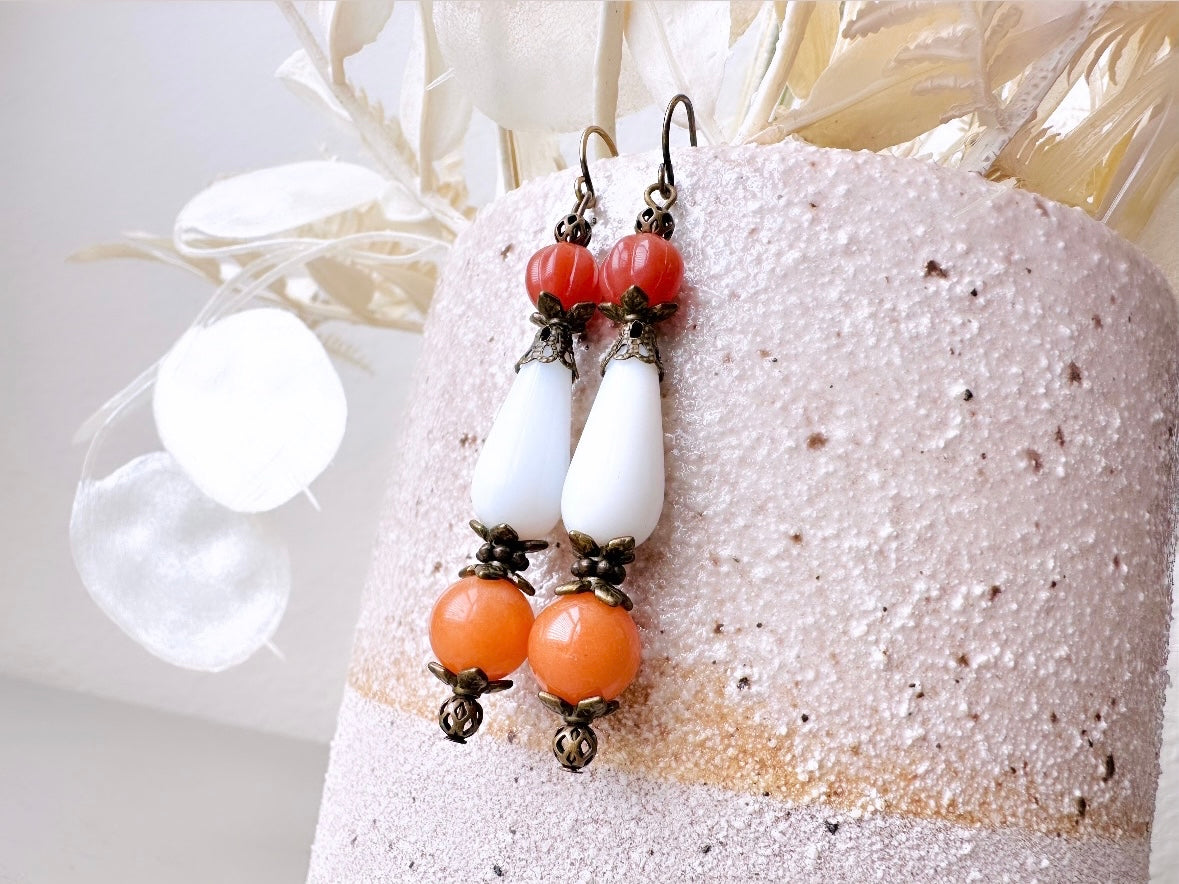 Long White Earrings with Carnelian and Agate, White Teardrop Earrings, Antique Bronze Victorian Revival Bronze Drop Earrings, Handmade OOAK